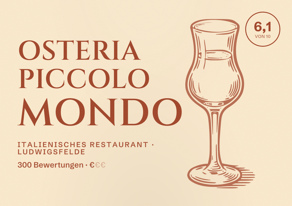Illustriertes Poster von Osteria Piccolo Mondo, Italienisches Restaurant in Ludwigsfelde: Bewertung 6,1 von 10 aus 300 Bewertungen, Preisniveau €