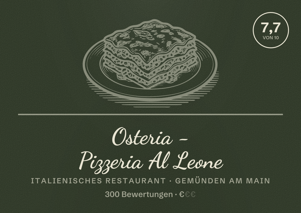Illustriertes Poster von Osteria - Pizzeria Al Leone, Italienisches Restaurant in Gemünden am Main: Bewertung 7,7 von 10 aus 300 Bewertungen, Preisniveau €