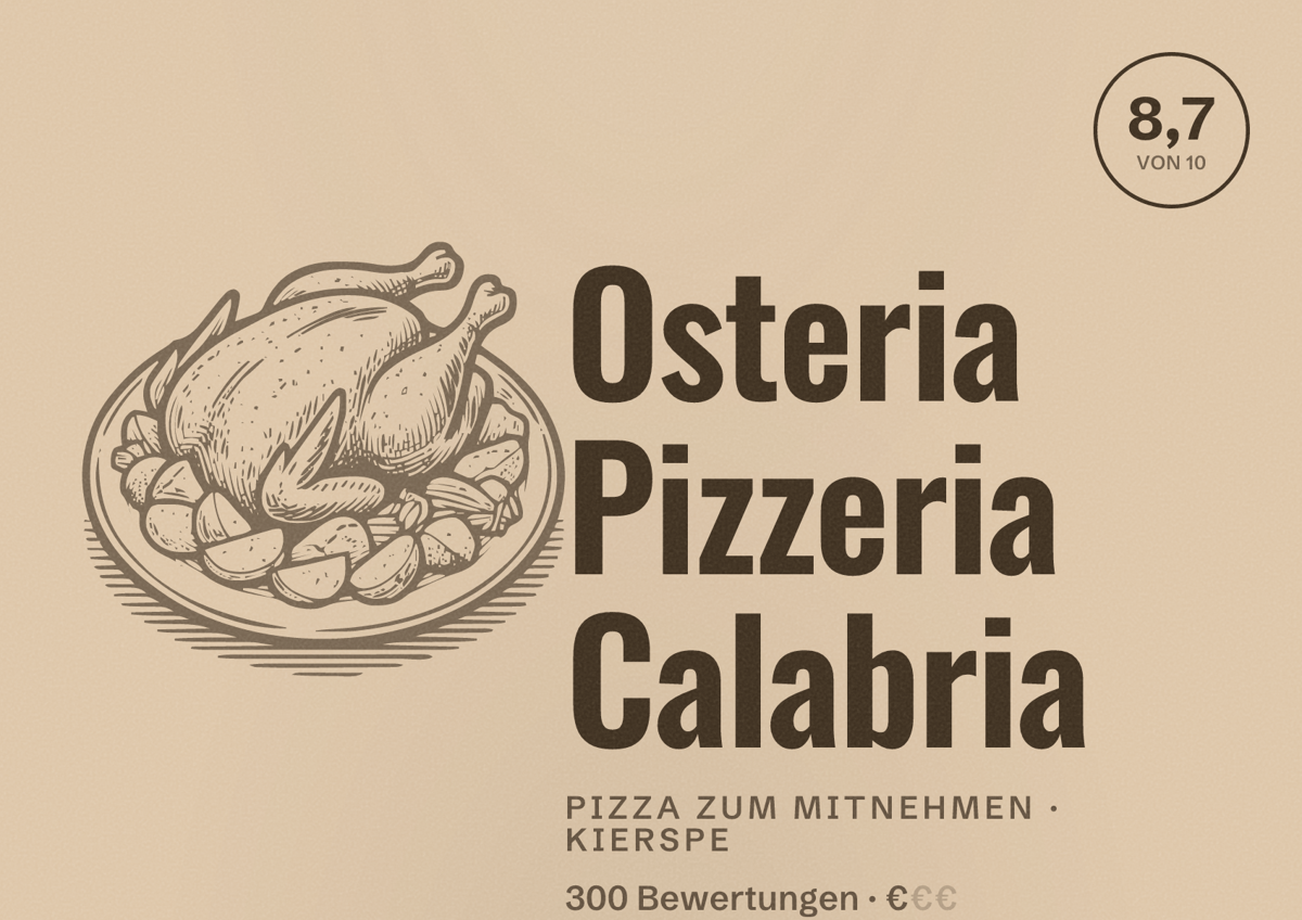 Illustriertes Poster von Osteria Pizzeria Calabria, Pizza zum Mitnehmen in Kierspe: Bewertung 8,7 von 10 aus 300 Bewertungen, Preisniveau €
