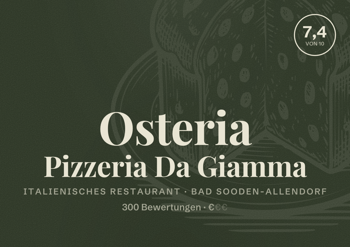 Illustriertes Poster von Osteria Pizzeria Da Giamma, Italienisches Restaurant in Bad Sooden-Allendorf: Bewertung 7,4 von 10 aus 300 Bewertungen, Preisniveau €