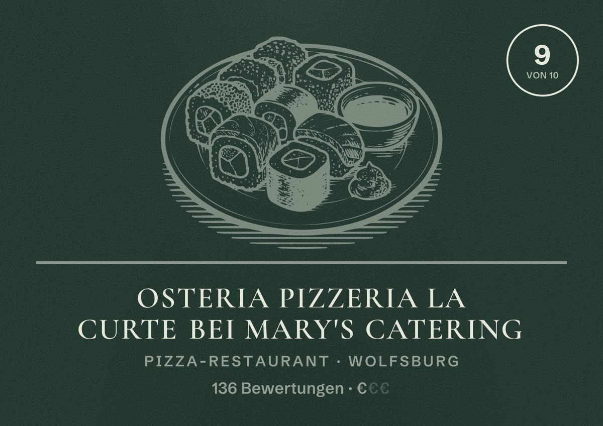 Illustriertes Poster von Osteria pizzeria la Curte bei Mary's Catering, Pizza-Restaurant in Wolfsburg: Bewertung 9 von 10 aus 136 Bewertungen, Preisniveau €