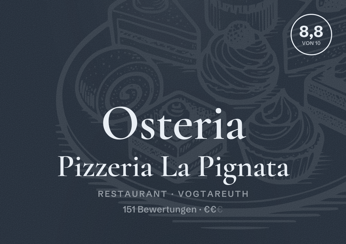 Illustriertes Poster von Osteria Pizzeria La Pignata, Restaurant in Vogtareuth: Bewertung 8,8 von 10 aus 151 Bewertungen, Preisniveau €€