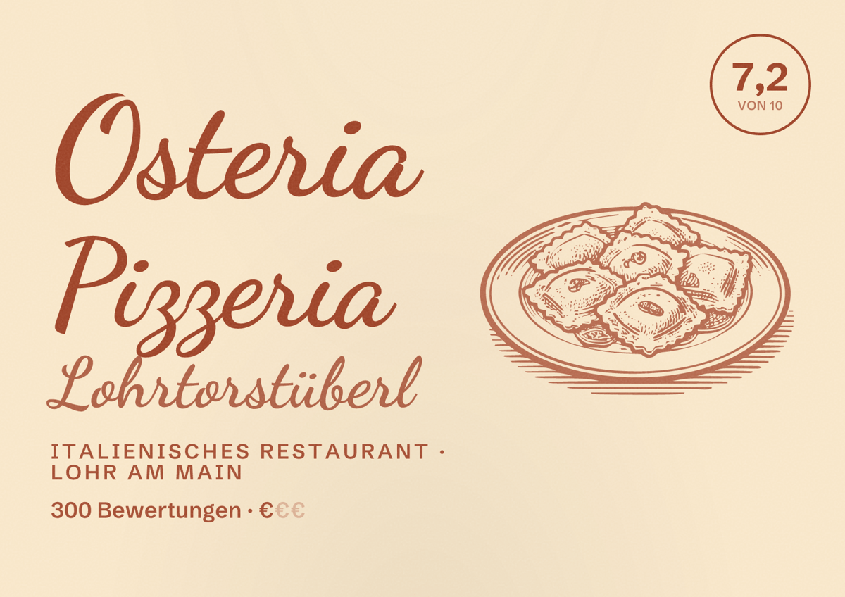 Illustriertes Poster von Osteria Pizzeria Lohrtorstüberl, Italienisches Restaurant in Lohr am Main: Bewertung 7,2 von 10 aus 300 Bewertungen, Preisniveau €