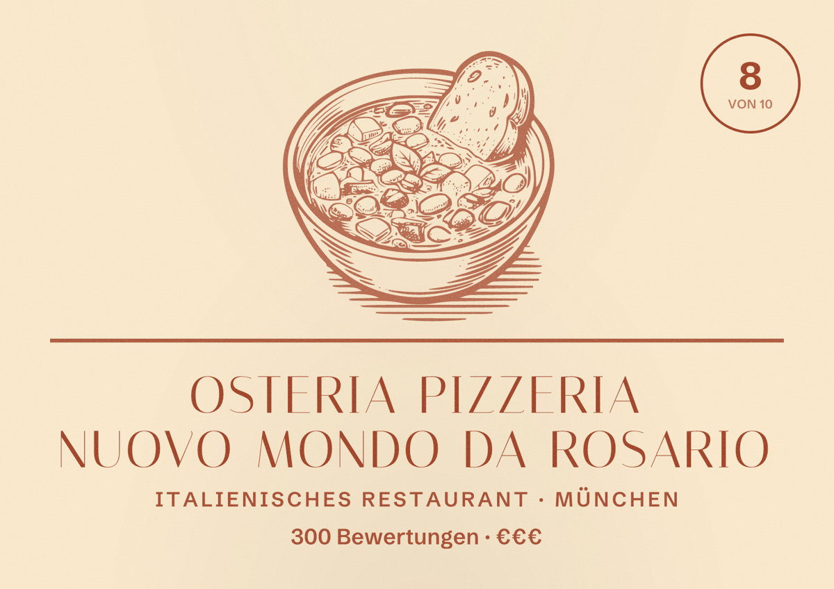 Illustriertes Poster von Osteria Pizzeria Nuovo Mondo Da Rosario, Italienisches Restaurant in München: Bewertung 8,0 von 10 aus 300 Bewertungen, Preisniveau €€€