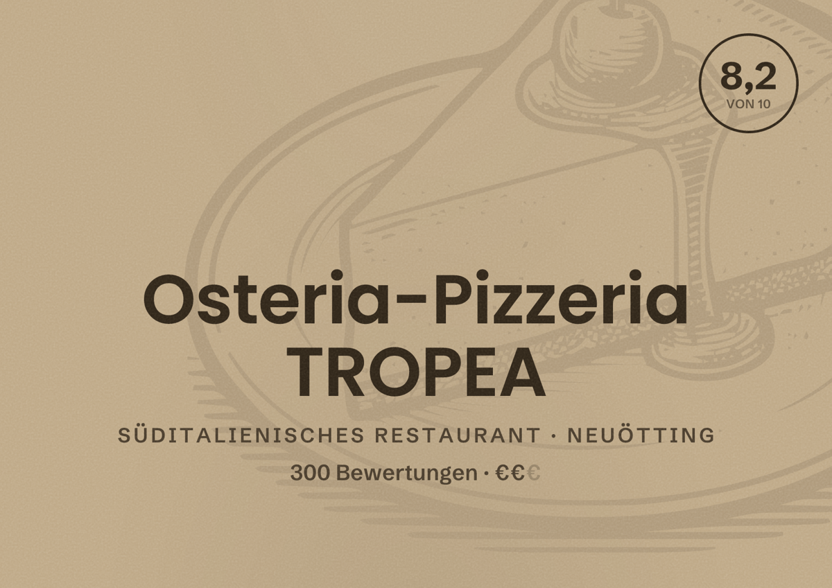 Illustriertes Poster von Osteria-Pizzeria TROPEA, Süditalienisches Restaurant in Neuötting: Bewertung 8,2 von 10 aus 300 Bewertungen, Preisniveau €€