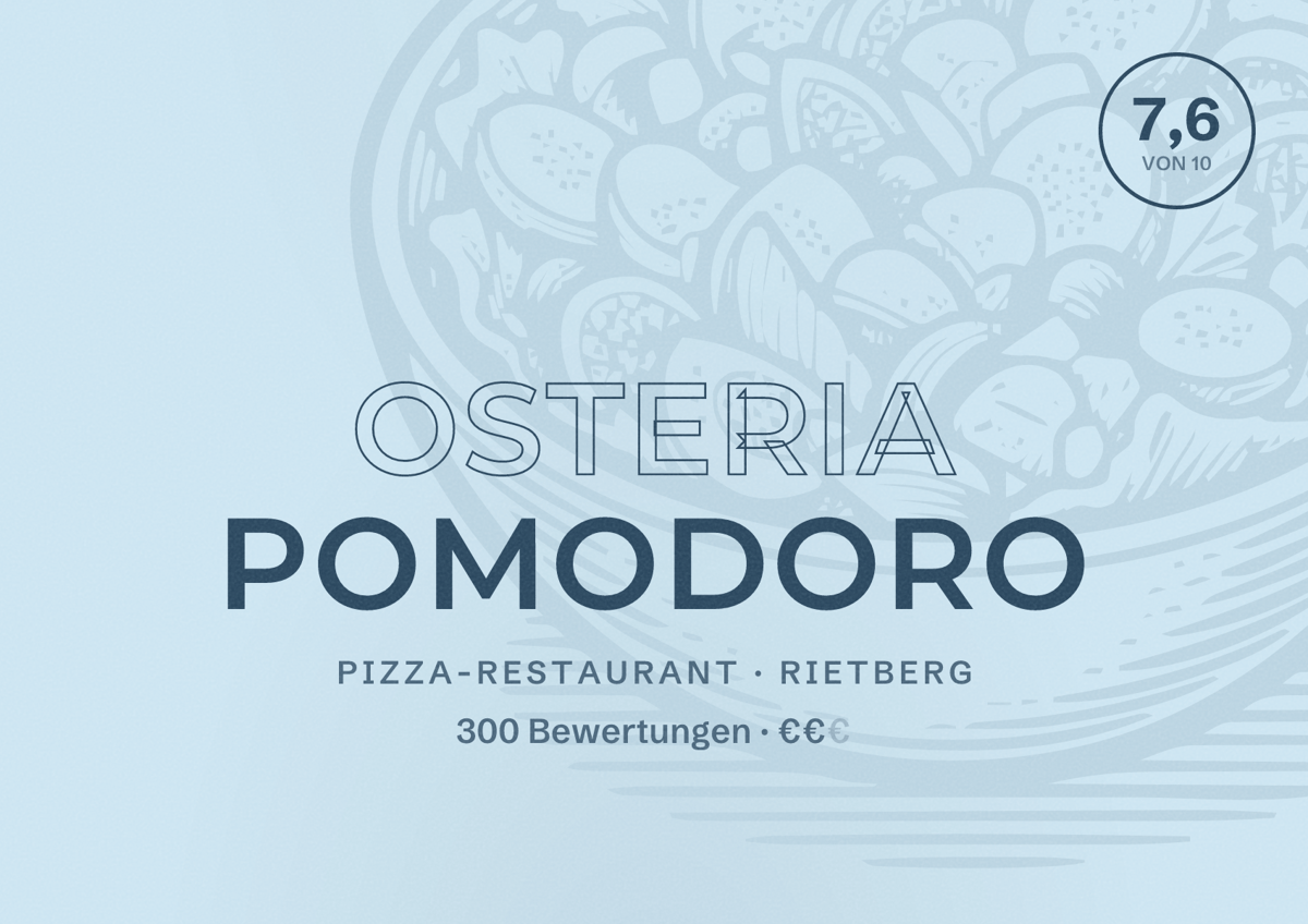 Illustriertes Poster von Osteria Pomodoro, Pizza-Restaurant in Rietberg: Bewertung 7,6 von 10 aus 300 Bewertungen, Preisniveau €€