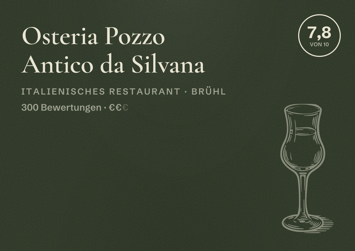Illustriertes Poster von Osteria Pozzo Antico da Silvana, Italienisches Restaurant in Brühl: Bewertung 7,8 von 10 aus 300 Bewertungen, Preisniveau €€