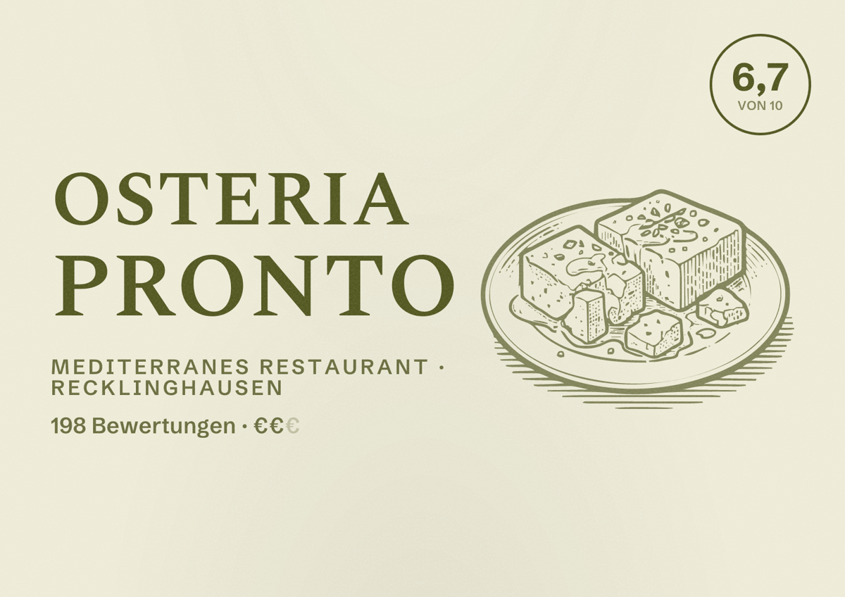 Illustriertes Poster von Osteria Pronto, Mediterranes Restaurant in Recklinghausen: Bewertung 6,7 von 10 aus 198 Bewertungen, Preisniveau €€