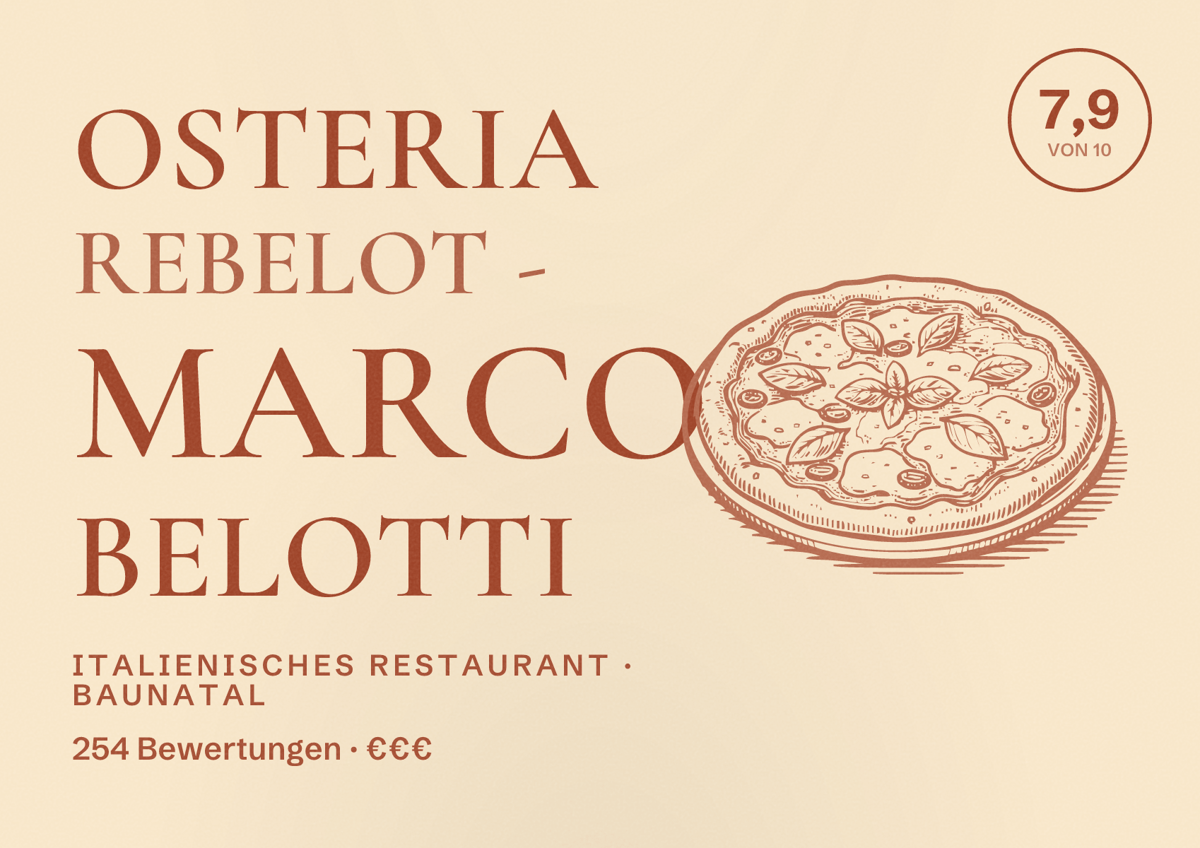 Illustriertes Poster von Osteria reBelot - Marco Belotti, Italienisches Restaurant in Baunatal: Bewertung 7,9 von 10 aus 254 Bewertungen, Preisniveau €€€
