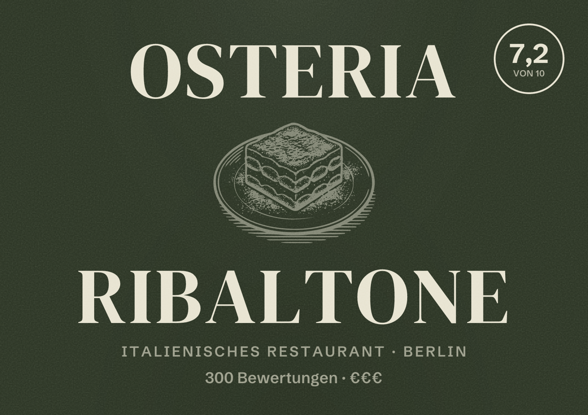 Illustriertes Poster von Osteria Ribaltone, Italienisches Restaurant in Berlin: Bewertung 7,2 von 10 aus 300 Bewertungen, Preisniveau €€€
