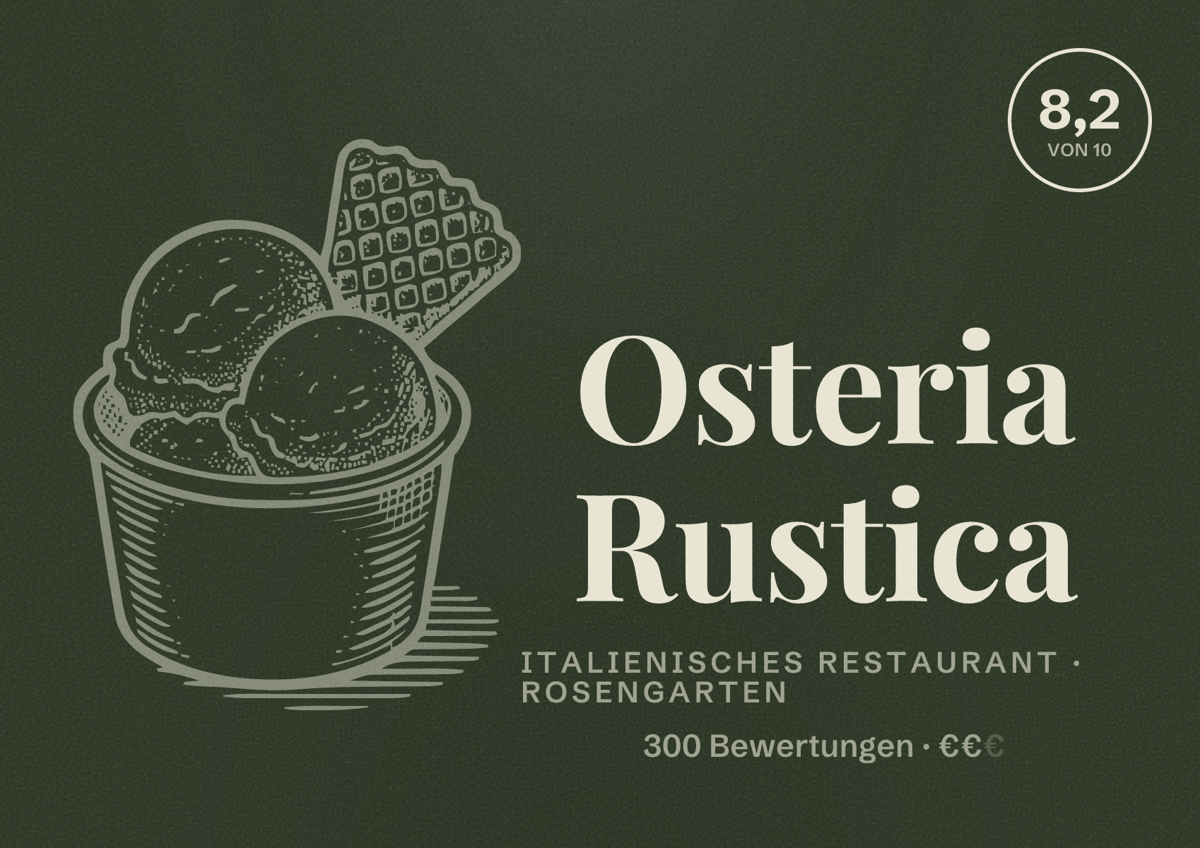 Illustriertes Poster von Osteria Rustica, Italienisches Restaurant in Rosengarten: Bewertung 8,2 von 10 aus 300 Bewertungen, Preisniveau €€