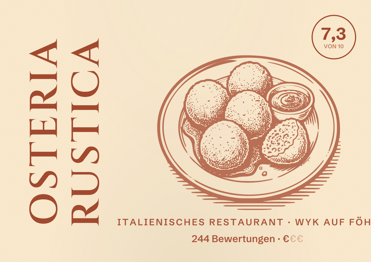 Illustriertes Poster von Osteria Rustica, Italienisches Restaurant in Wyk auf Föhr: Bewertung 7,3 von 10 aus 244 Bewertungen, Preisniveau €