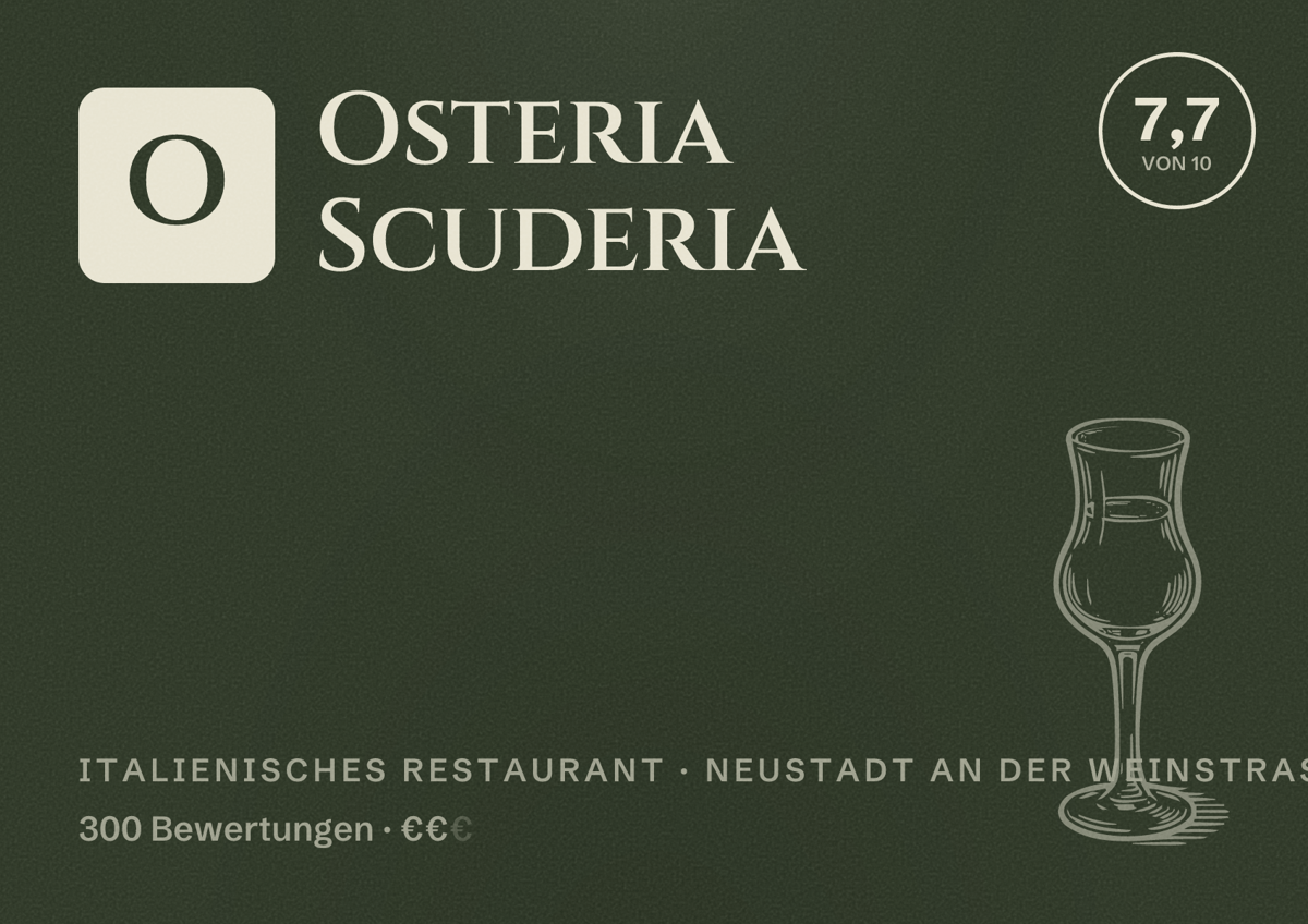 Illustriertes Poster von Osteria Scuderia, Italienisches Restaurant in Neustadt an der Weinstraße: Bewertung 7,7 von 10 aus 300 Bewertungen, Preisniveau €€