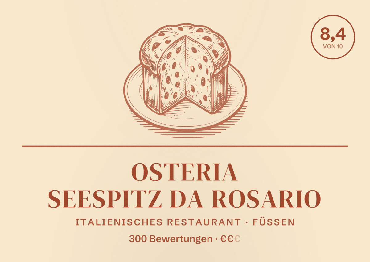 Illustriertes Poster von Osteria Seespitz da Rosario, Italienisches Restaurant in Füssen: Bewertung 8,4 von 10 aus 300 Bewertungen, Preisniveau €€