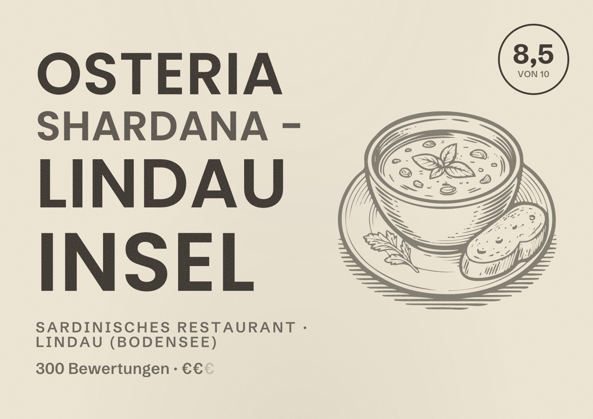 Illustriertes Poster von Osteria Shardana - Lindau Insel, Sardinisches Restaurant in Lindau (Bodensee): Bewertung 8,5 von 10 aus 300 Bewertungen, Preisniveau €€