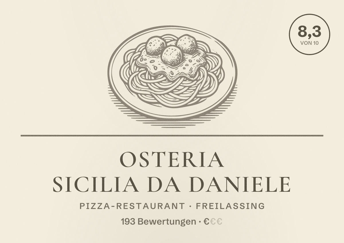 Illustriertes Poster von Osteria Sicilia da Daniele, Pizza-Restaurant in Freilassing: Bewertung 8,3 von 10 aus 193 Bewertungen, Preisniveau €