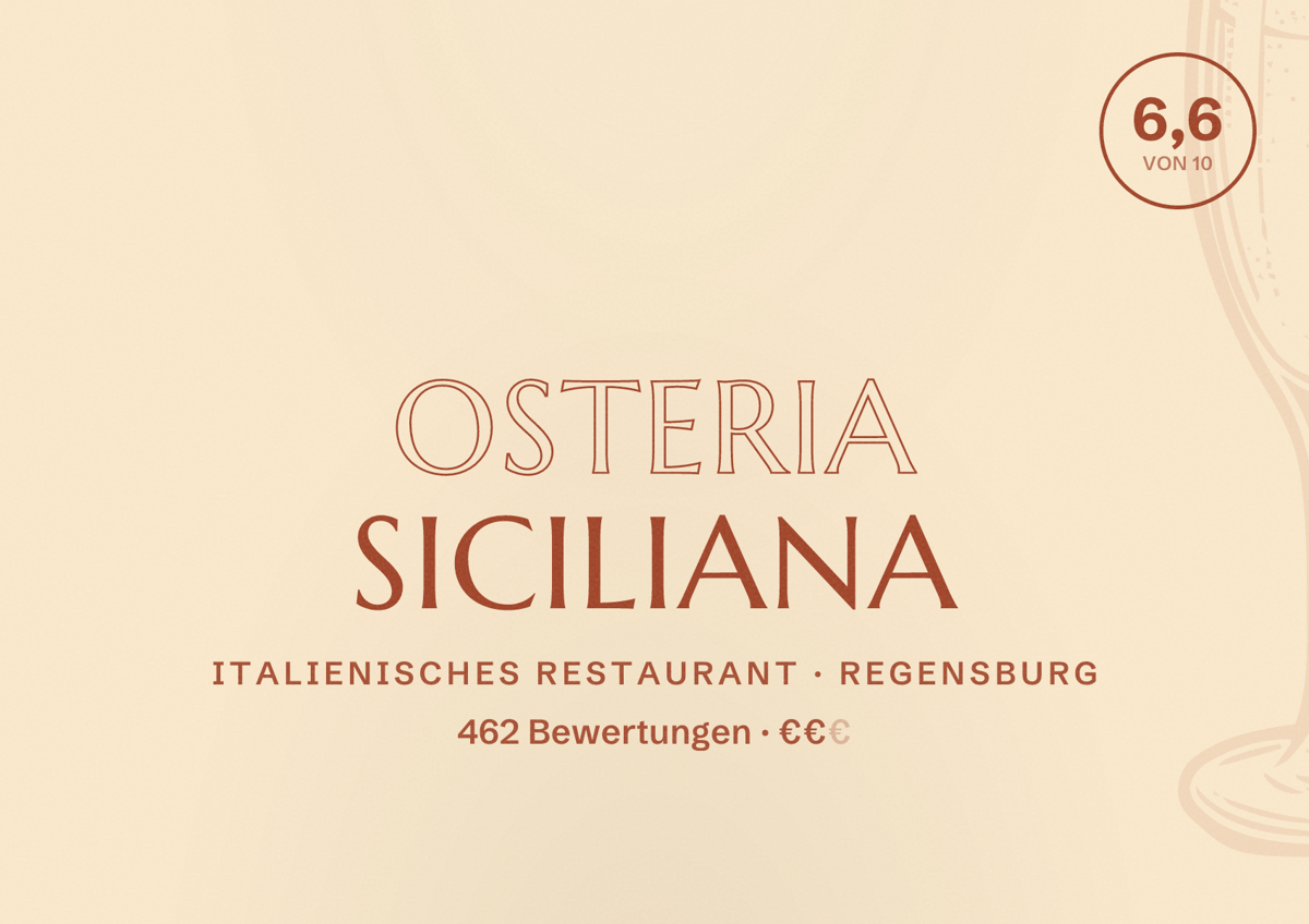Illustriertes Poster von Osteria Siciliana, Italienisches Restaurant in Regensburg: Bewertung 6,6 von 10 aus 462 Bewertungen, Preisniveau €€