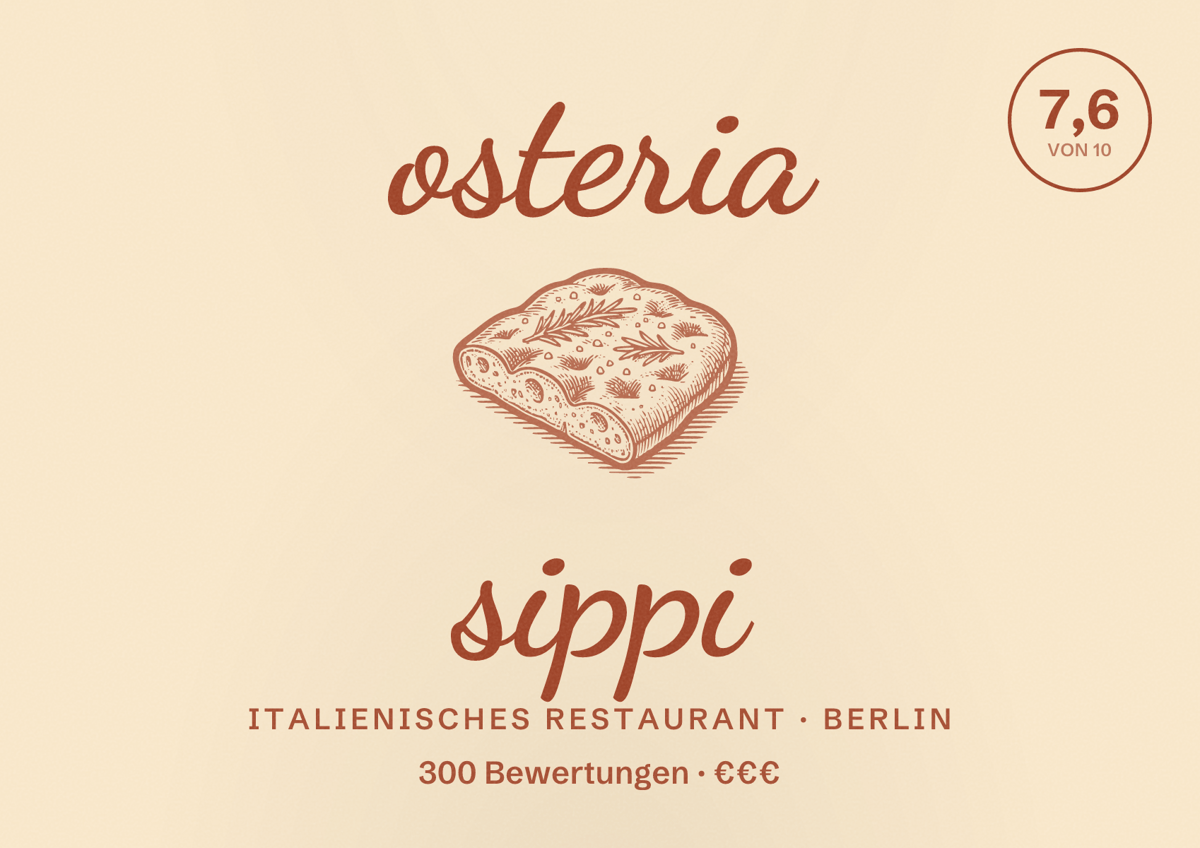 Illustriertes Poster von osteria sippi, Italienisches Restaurant in Berlin: Bewertung 7,6 von 10 aus 300 Bewertungen, Preisniveau €€€