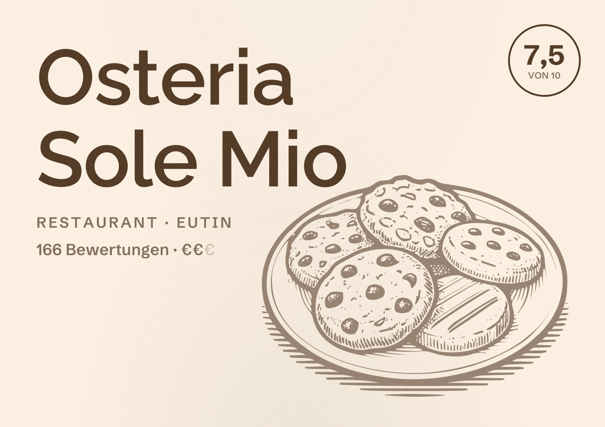 Illustriertes Poster von Osteria Sole Mio, Restaurant in Eutin: Bewertung 7,5 von 10 aus 166 Bewertungen, Preisniveau €€