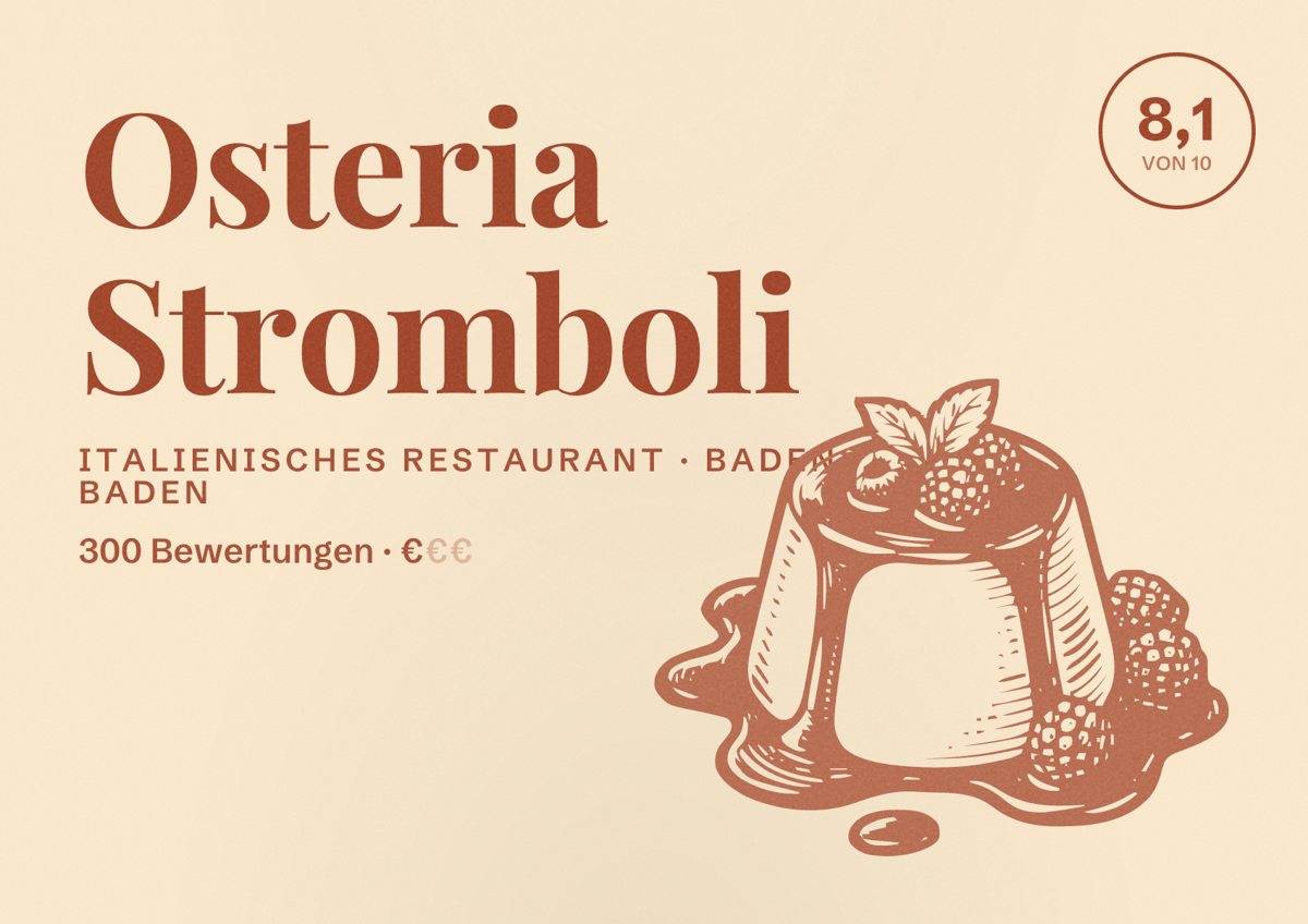 Illustriertes Poster von Osteria Stromboli, Italienisches Restaurant in Baden-Baden: Bewertung 8,1 von 10 aus 300 Bewertungen, Preisniveau €