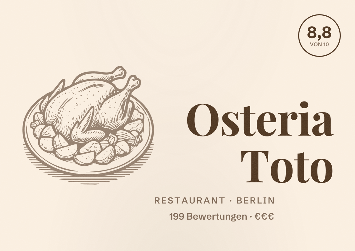 Illustriertes Poster von Osteria Toto, Restaurant in Berlin: Bewertung 8,8 von 10 aus 199 Bewertungen, Preisniveau €€€