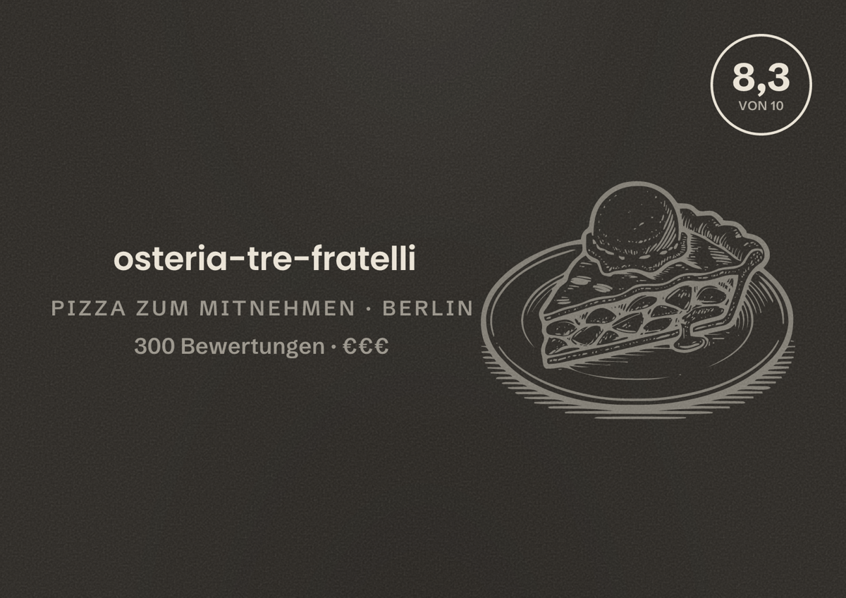Illustriertes Poster von osteria-tre-fratelli, Pizza zum Mitnehmen in Berlin: Bewertung 8,3 von 10 aus 300 Bewertungen, Preisniveau €€€