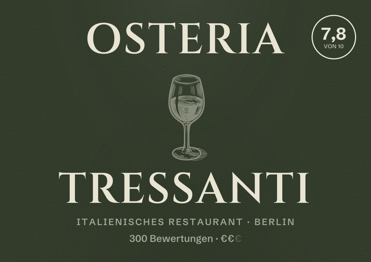 Illustriertes Poster von Osteria Tressanti, Italienisches Restaurant in Berlin: Bewertung 7,8 von 10 aus 300 Bewertungen, Preisniveau €€