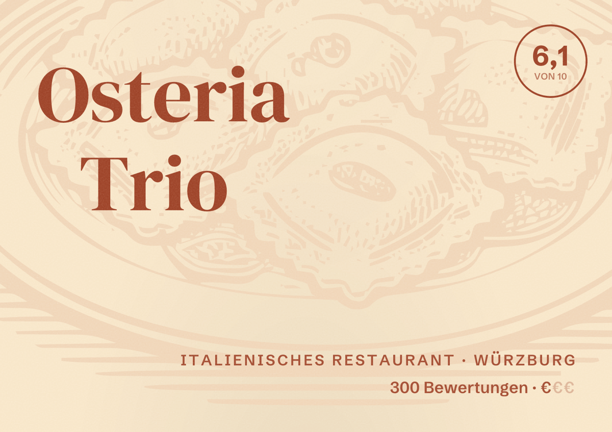 Illustriertes Poster von Osteria Trio, Italienisches Restaurant in Würzburg: Bewertung 6,1 von 10 aus 300 Bewertungen, Preisniveau €