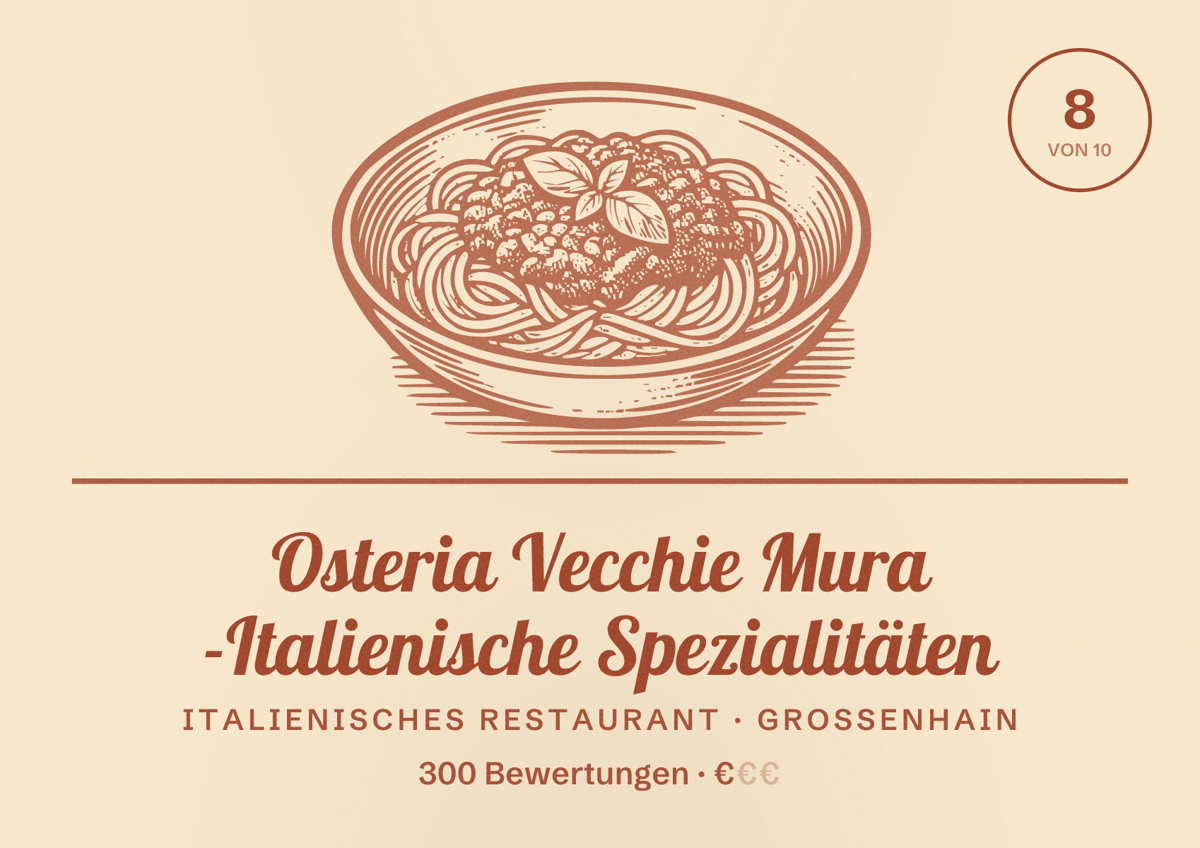 Illustriertes Poster von Osteria Vecchie Mura -Italienische Spezialitäten, Italienisches Restaurant in Großenhain: Bewertung 8 von 10 aus 300 Bewertungen, Preisniveau €