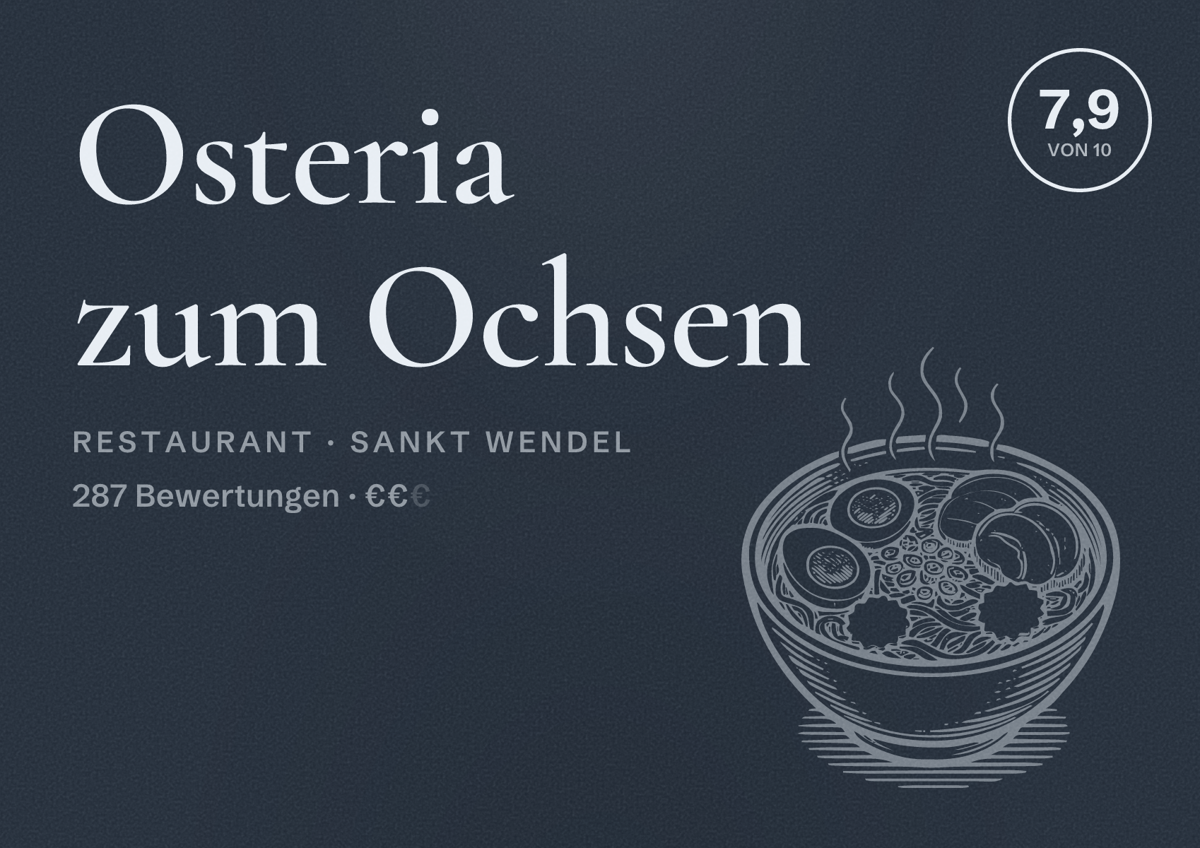 Illustriertes Poster von Osteria zum Ochsen, Restaurant in Sankt Wendel: Bewertung 7,9 von 10 aus 287 Bewertungen, Preisniveau €€