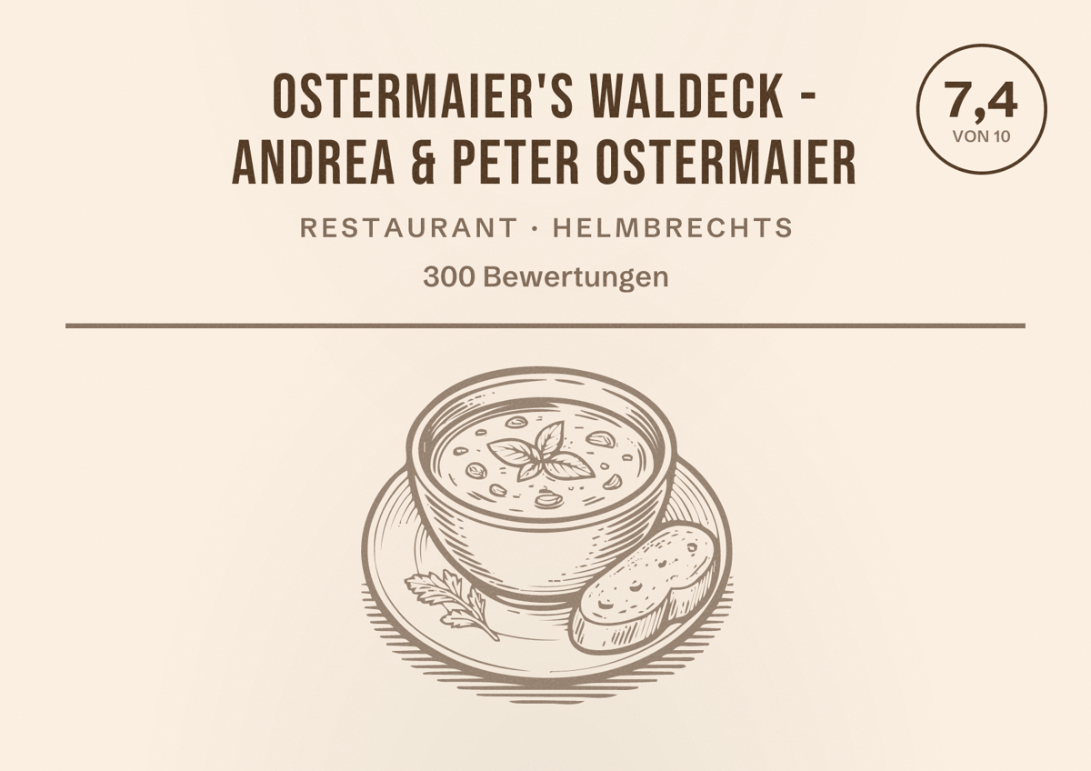 Illustriertes Poster von Ostermaier's Waldeck - Andrea & Peter Ostermaier, Restaurant in Helmbrechts: Bewertung 7,4 von 10 aus 300 Bewertungen