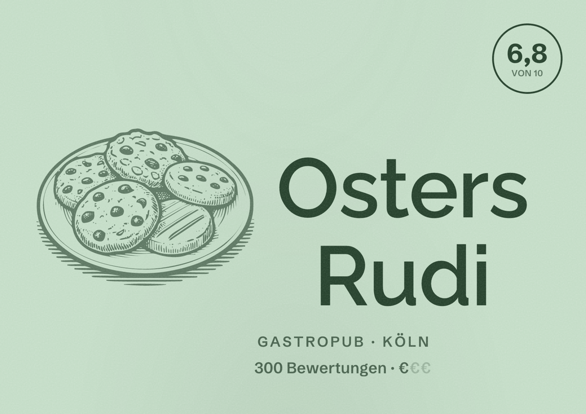 Illustriertes Poster von Osters Rudi, Gastropub in Köln: Bewertung 6,8 von 10 aus 300 Bewertungen, Preisniveau €