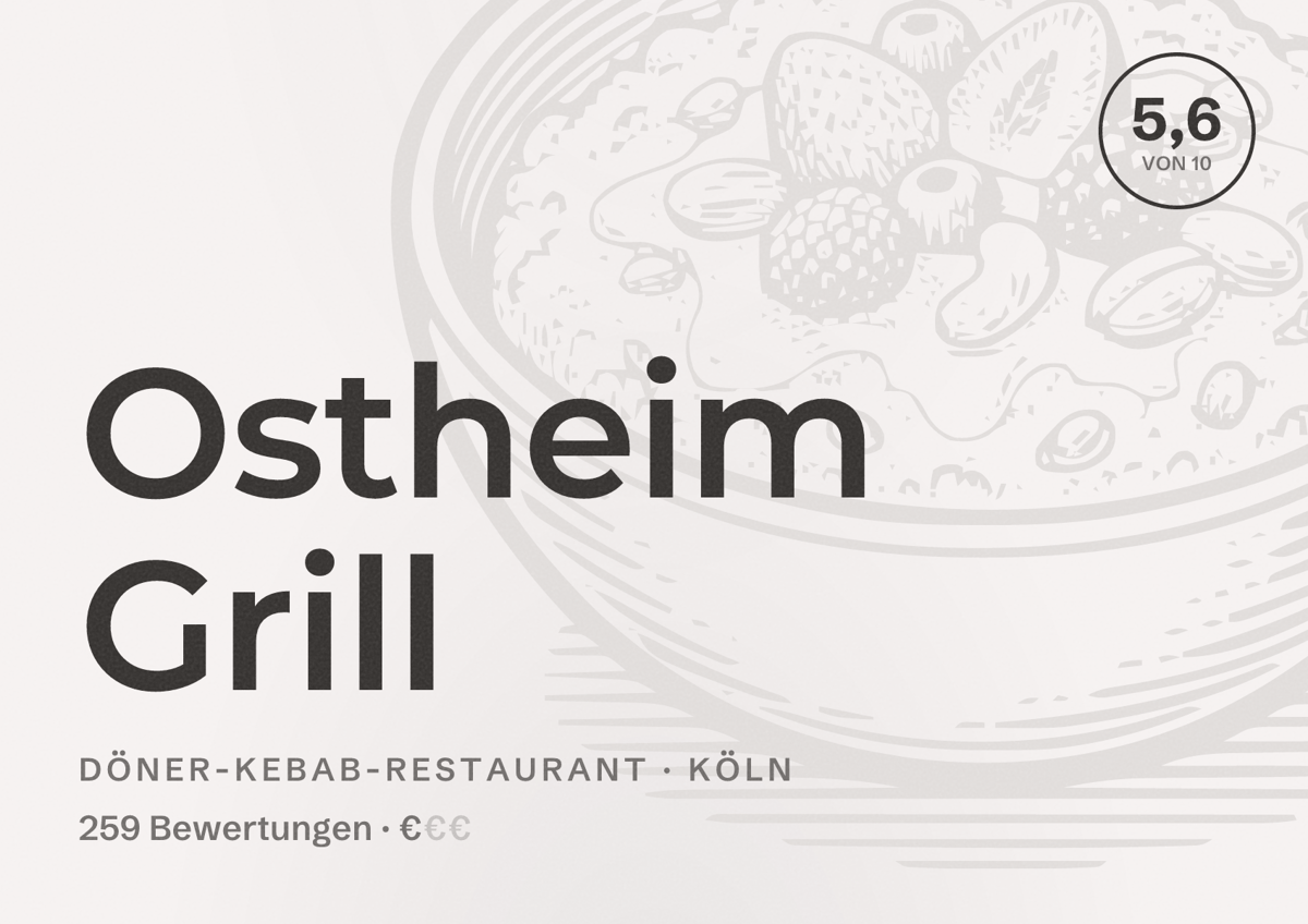 Illustriertes Poster von Ostheim Grill, Döner-Kebab-Restaurant in Köln: Bewertung 5,6 von 10 aus 259 Bewertungen, Preisniveau €