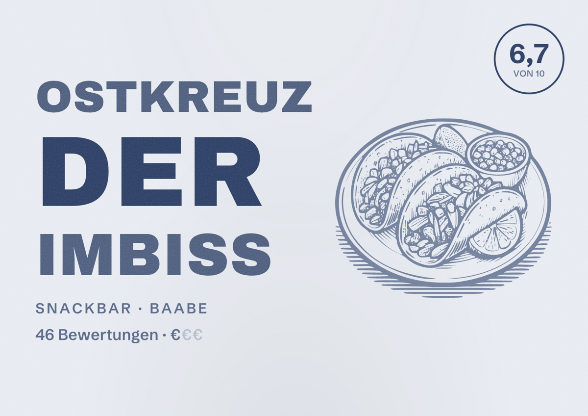 Illustriertes Poster von Ostkreuz der Imbiss, Snackbar in Baabe: Bewertung 6,7 von 10 aus 46 Bewertungen, Preisniveau €