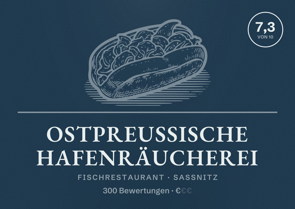 Illustriertes Poster von Ostpreußische Hafenräucherei, Fischrestaurant in Sassnitz: Bewertung 7,3 von 10 aus 300 Bewertungen, Preisniveau €