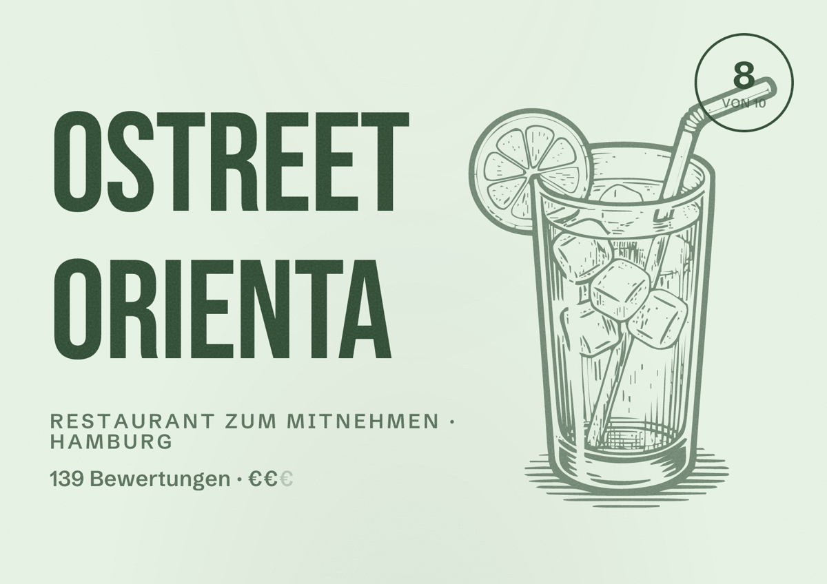 Illustriertes Poster von Ostreet Orienta, Restaurant zum Mitnehmen in Hamburg: Bewertung 8 von 10 aus 139 Bewertungen, Preisniveau €€
