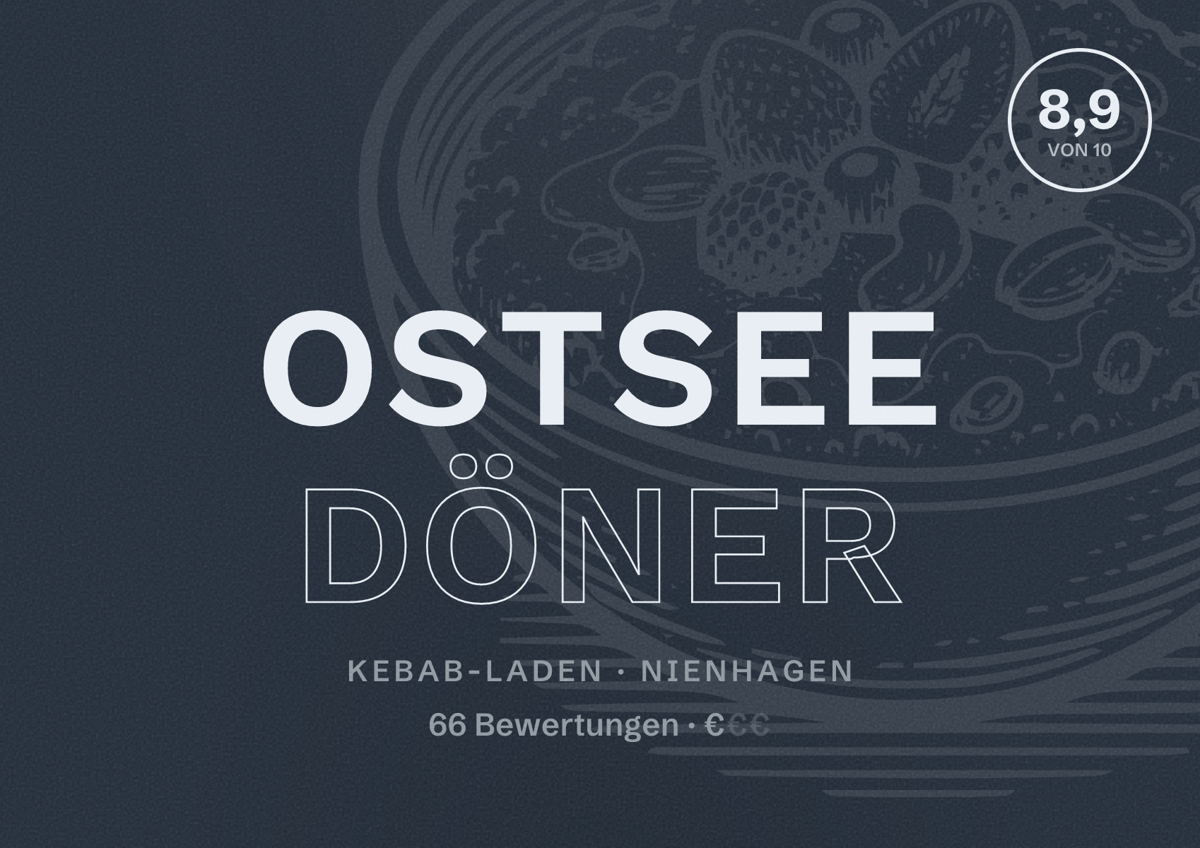 Illustriertes Poster von Ostsee Döner, Kebab-Laden in Nienhagen: Bewertung 8,9 von 10 aus 66 Bewertungen, Preisniveau €