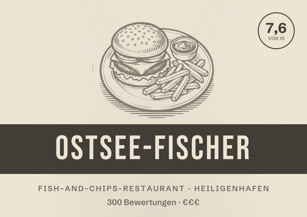 Illustriertes Poster von Ostsee-Fischer, Fish-and-Chips-Restaurant in Heiligenhafen: Bewertung 7,6 von 10 aus 300 Bewertungen, Preisniveau €€€