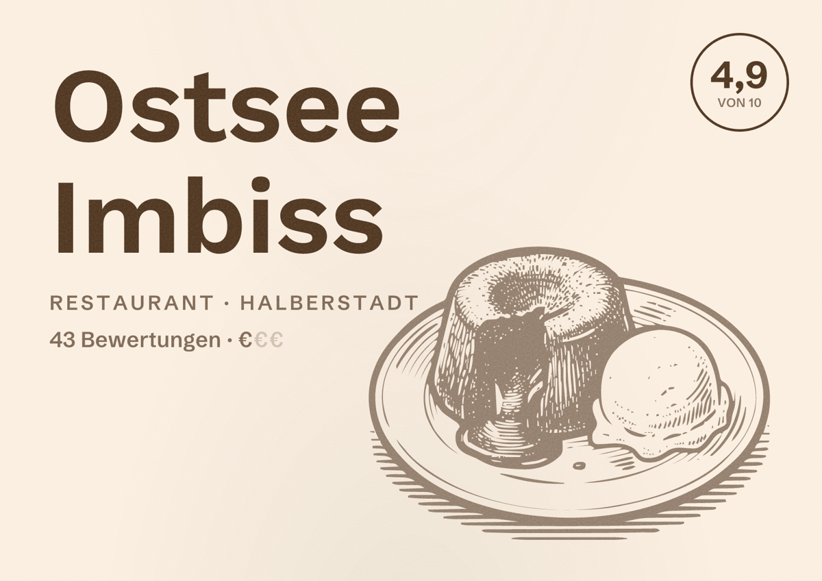 Illustriertes Poster von Ostsee Imbiss, Restaurant in Halberstadt: Bewertung 4,9 von 10 aus 43 Bewertungen, Preisniveau €