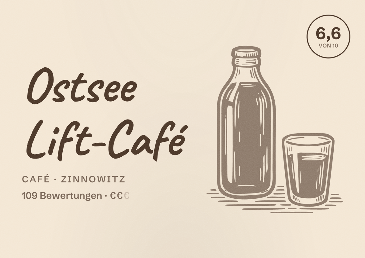 Illustriertes Poster von Ostsee Lift-Café, Café in Zinnowitz: Bewertung 6,6 von 10 aus 109 Bewertungen, Preisniveau €€