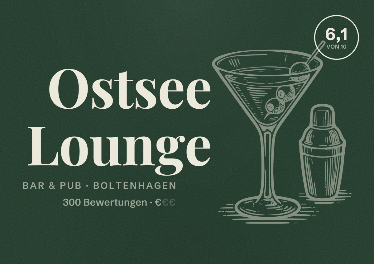 Illustriertes Poster von Ostsee Lounge, Bar & Pub in Boltenhagen: Bewertung 6,1 von 10 aus 300 Bewertungen, Preisniveau €