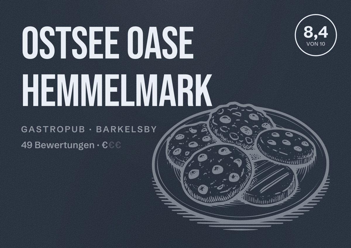 Illustriertes Poster von Ostsee Oase Hemmelmark, Gastropub in Barkelsby: Bewertung 8,4 von 10 aus 49 Bewertungen, Preisniveau €
