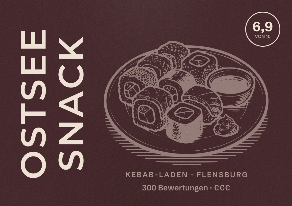 Illustriertes Poster von Ostsee Snack, Kebab-Laden in Flensburg: Bewertung 6,9 von 10 aus 300 Bewertungen, Preisniveau €€€