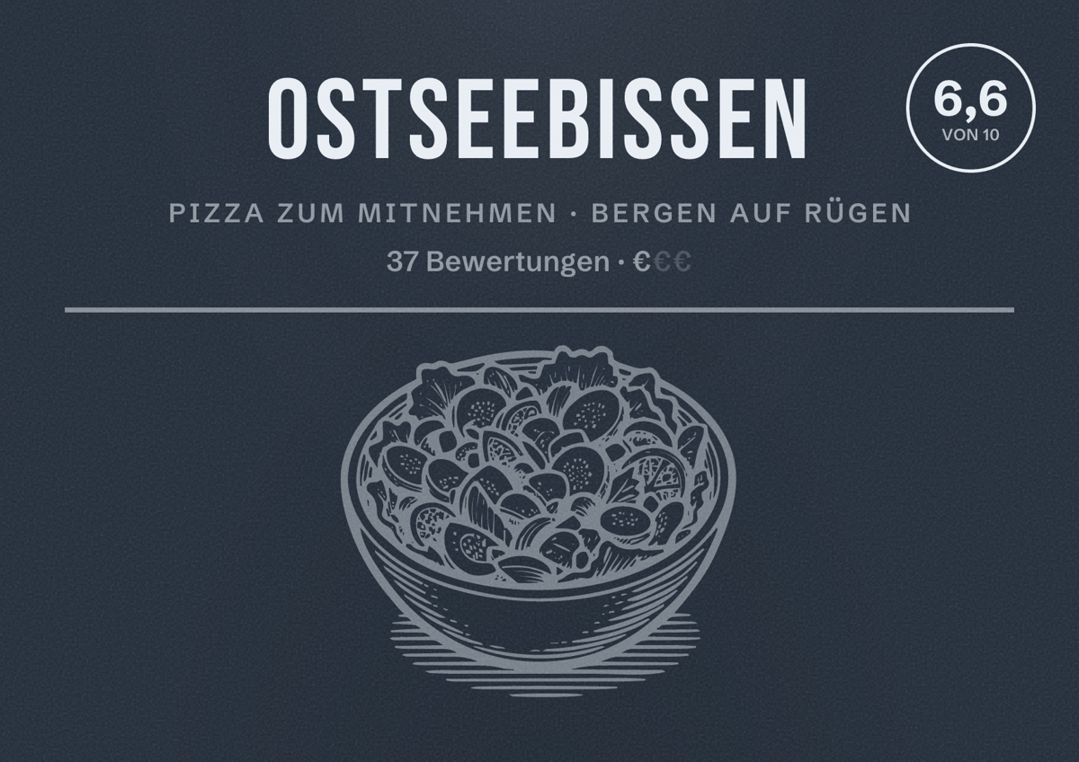 Illustriertes Poster von Ostseebissen, Pizza zum Mitnehmen in Bergen auf Rügen: Bewertung 6,6 von 10 aus 37 Bewertungen, Preisniveau €