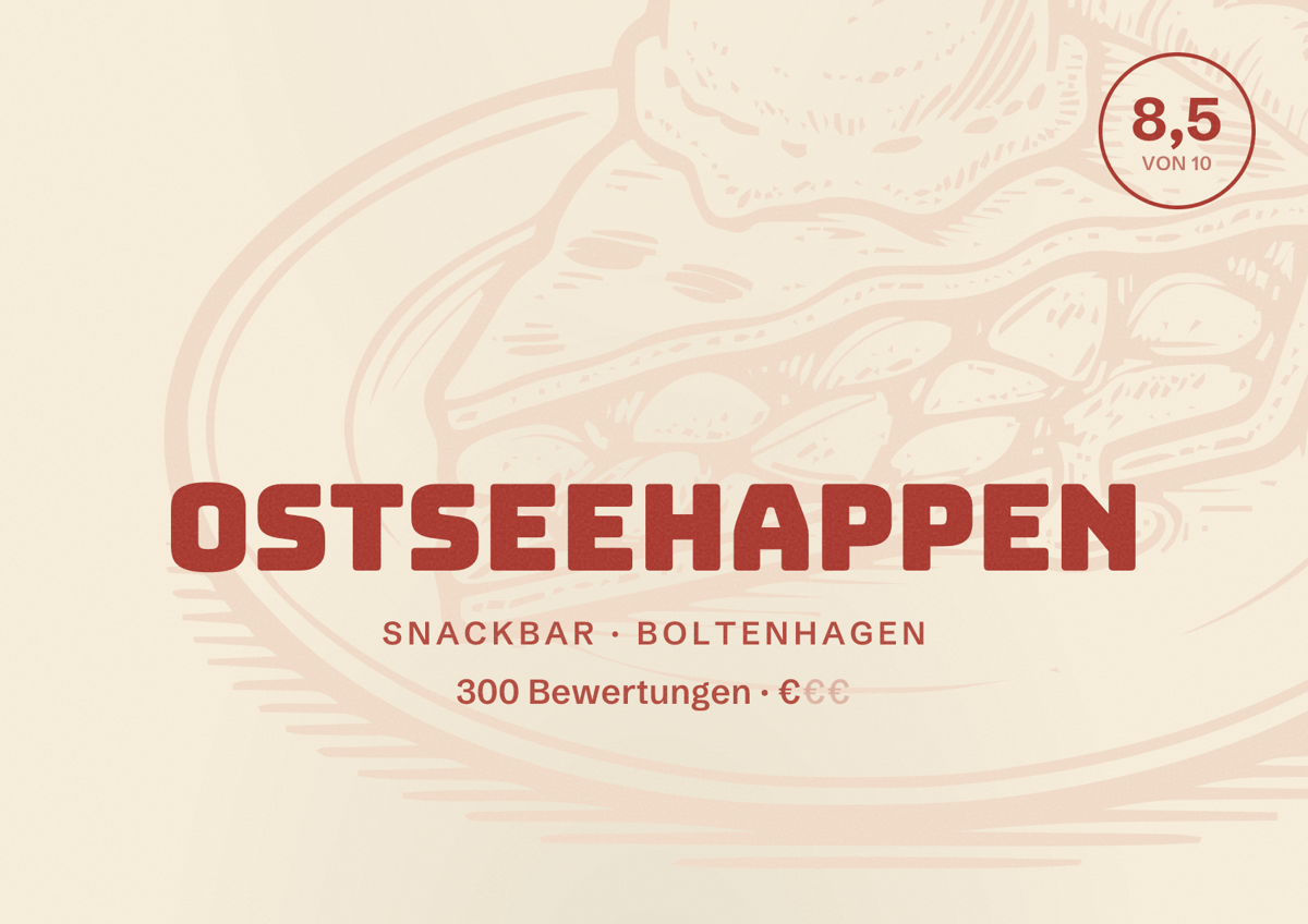 Illustriertes Poster von Ostseehappen, Snackbar in Boltenhagen: Bewertung 8,5 von 10 aus 300 Bewertungen, Preisniveau €