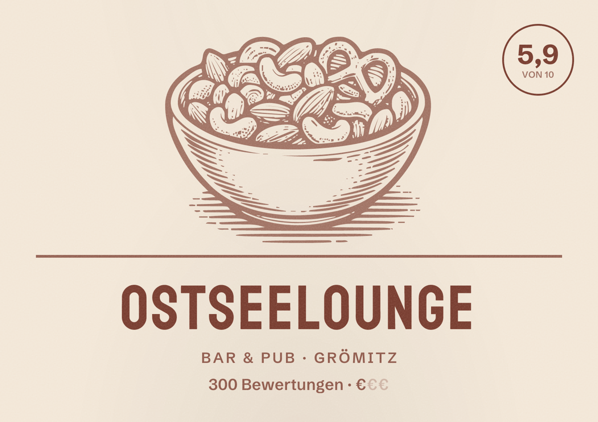 Illustriertes Poster von Ostseelounge, Bar & Pub in Grömitz: Bewertung 5,9 von 10 aus 300 Bewertungen, Preisniveau €