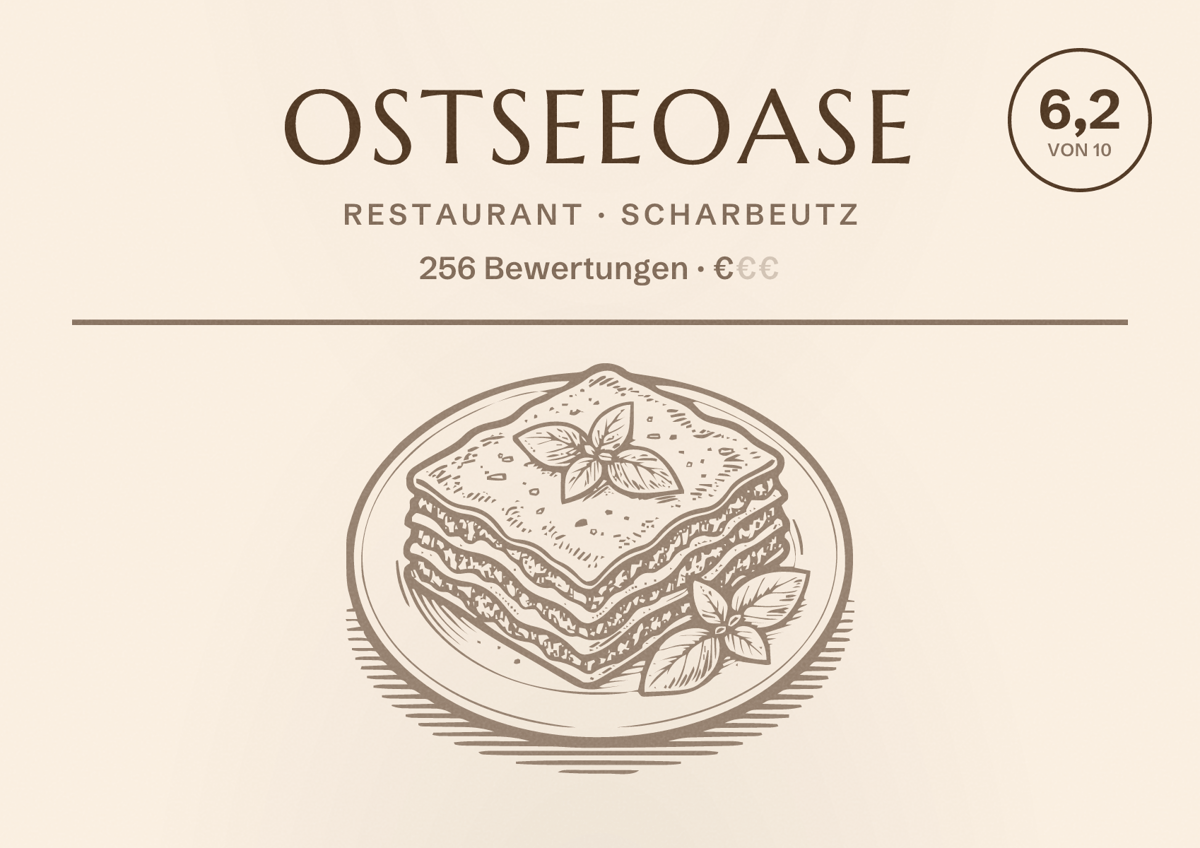 Illustriertes Poster von Ostseeoase, Restaurant in Scharbeutz: Bewertung 6,2 von 10 aus 256 Bewertungen, Preisniveau €