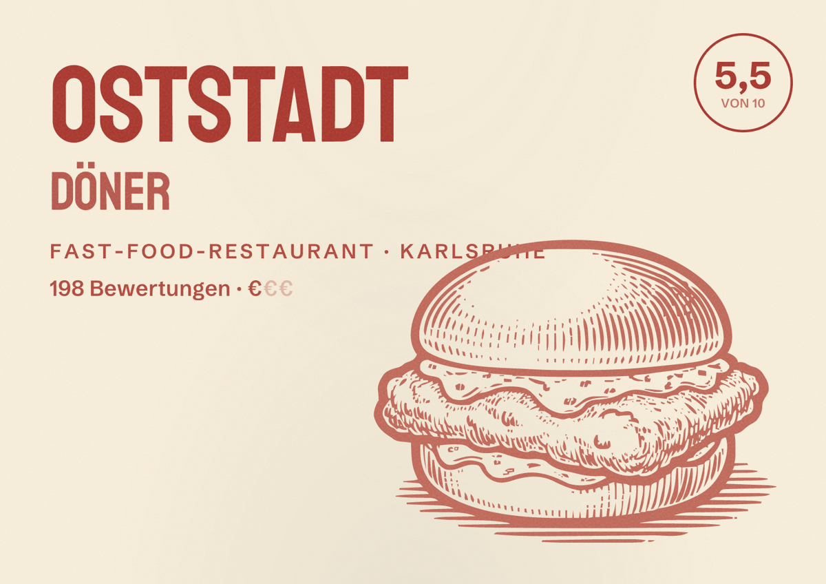 Illustriertes Poster von Oststadt Döner, Fast-Food-Restaurant in Karlsruhe: Bewertung 5,5 von 10 aus 198 Bewertungen, Preisniveau €