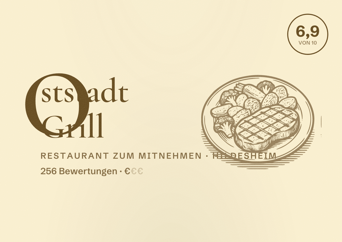 Illustriertes Poster von Oststadt Grill, Restaurant zum Mitnehmen in Hildesheim: Bewertung 6,9 von 10 aus 256 Bewertungen, Preisniveau €