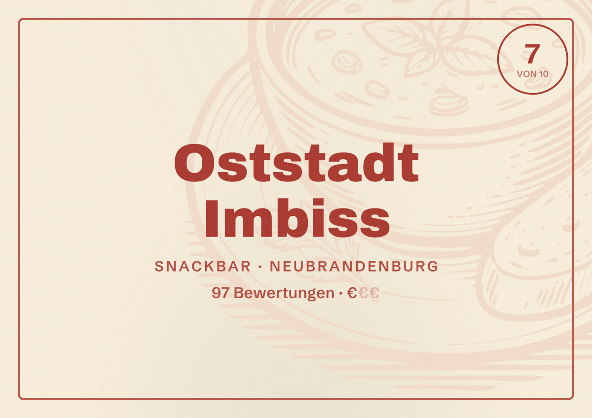 Illustriertes Poster von Oststadt Imbiss, Snackbar in Neubrandenburg: Bewertung 7 von 10 aus 97 Bewertungen, Preisniveau €